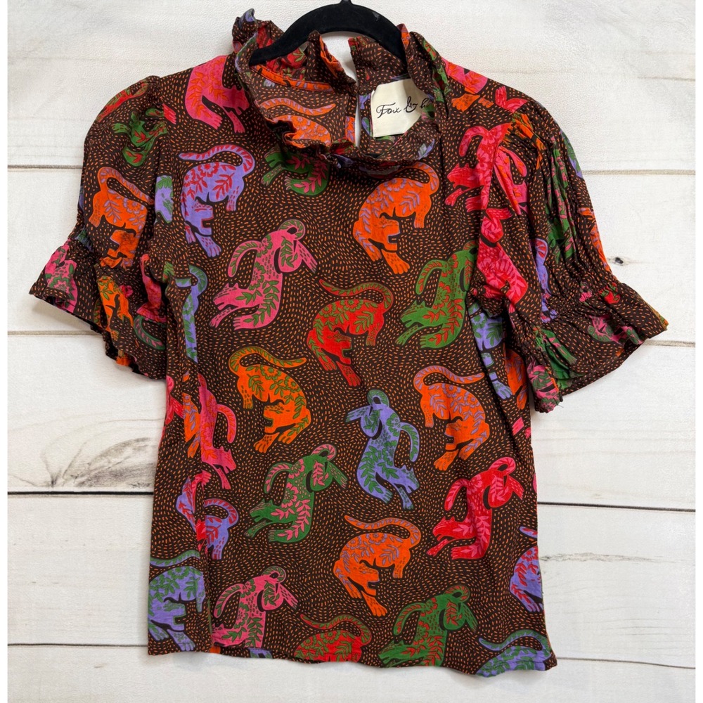 Fox & Hen Brown Ruffle-Neck Printed Short-Sleeve Blouse - NWOT, Size S